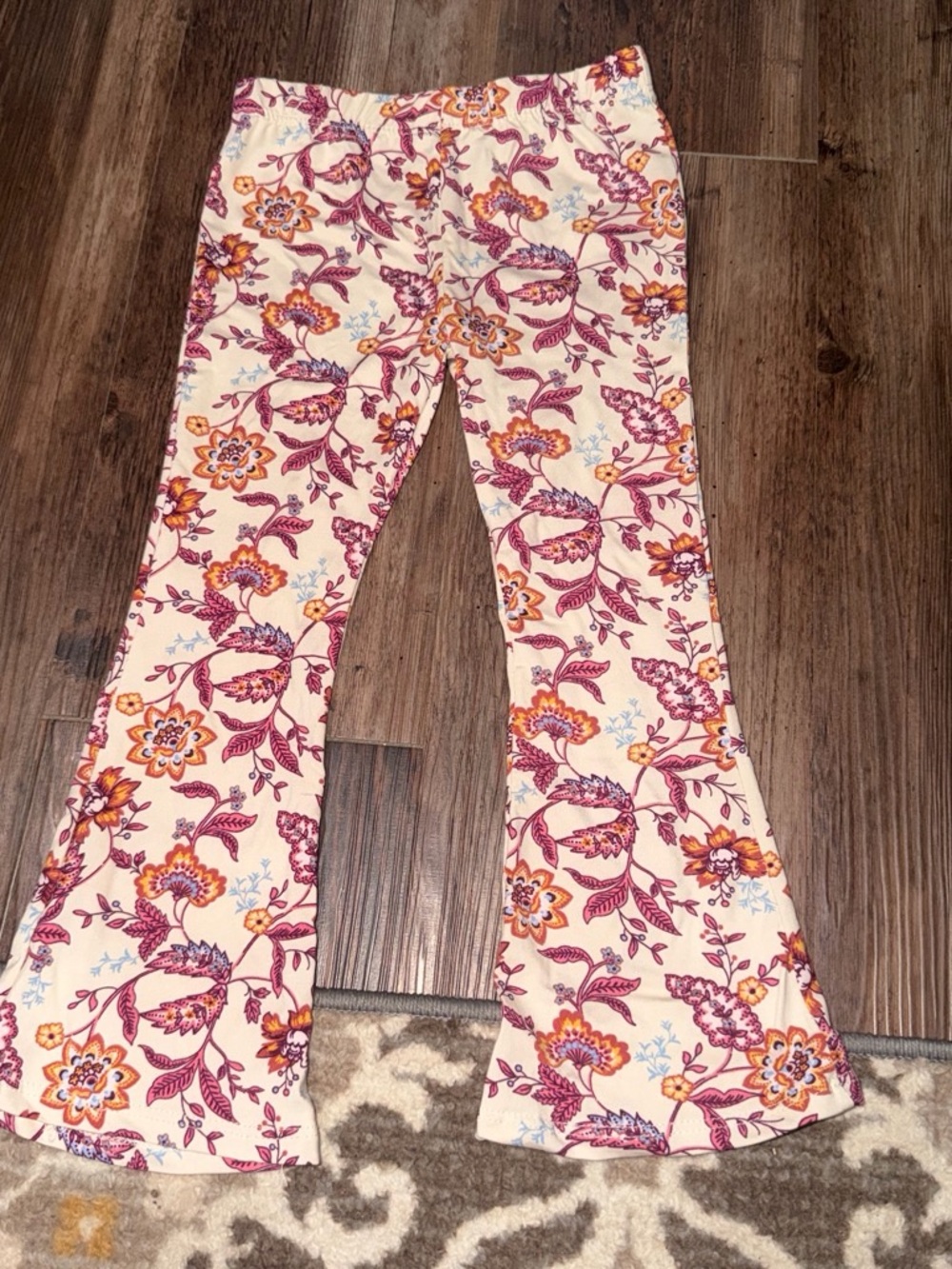 Girls' Floral Flare Pants - Cream with Pink & Orange Flowers